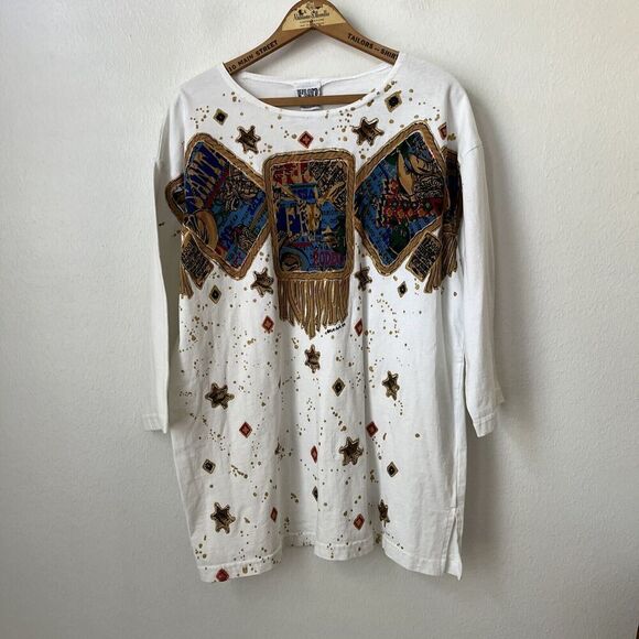 Vtg 90s FUN ART rodeo spatter tshirt oversize funky 3/4 slv sheriff womens OS - Picture 1 of 8